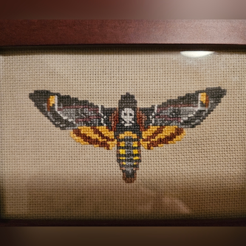HANDMADE Cross Stitch Death's Head Moth Faux Taxidermy Spooky Insect - Picture 3 of 5